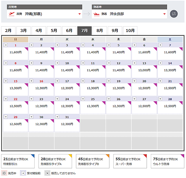 JAL先得カレンダー那覇沖永良部